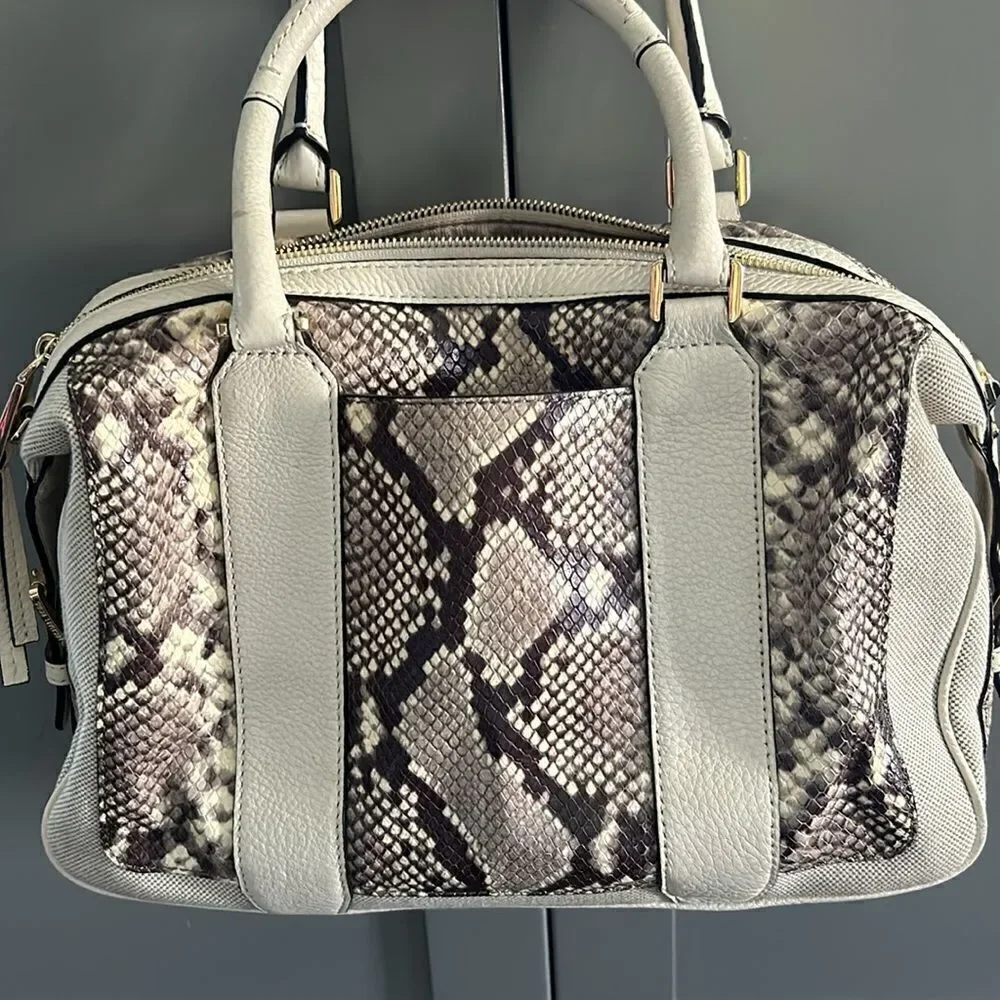 Cream ivory snakeskin style mk Michael Kors tote gold trim purse women bag MK